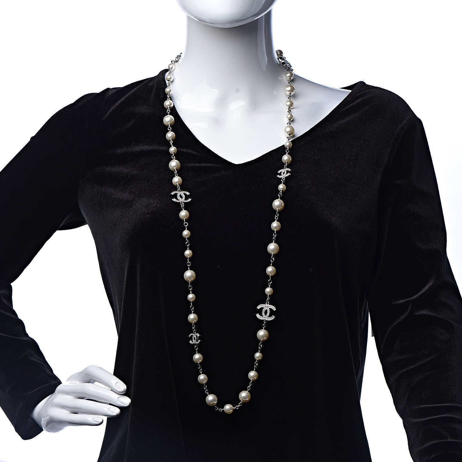 Chanel Graduated Pearl Crystal CC Long Necklace Silver 2 of 4