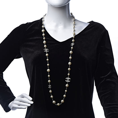 Chanel Graduated Pearl Crystal CC Long Necklace Silver 2 of 4