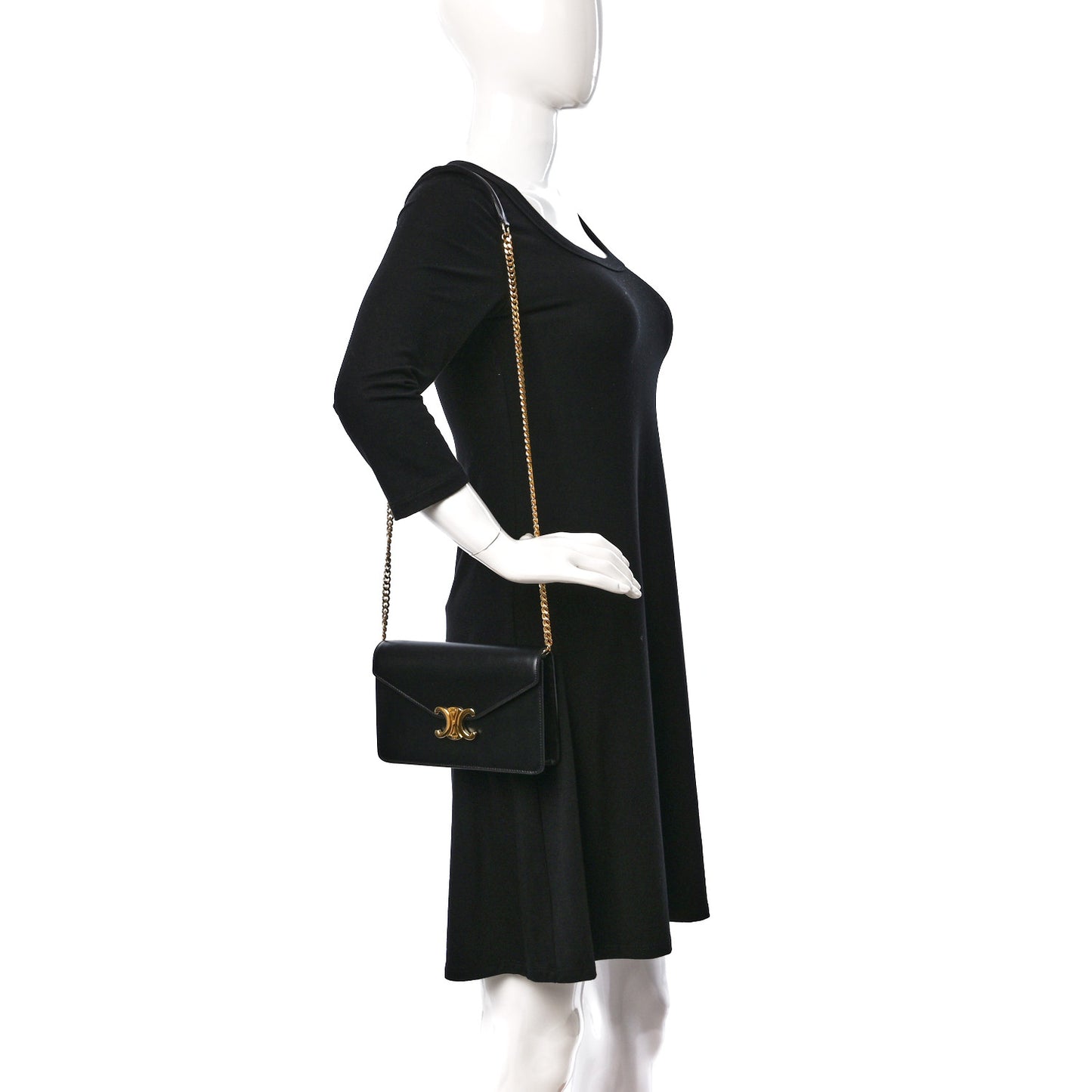 Shiny Calfskin Triomphe Margo Wallet on Chain Black