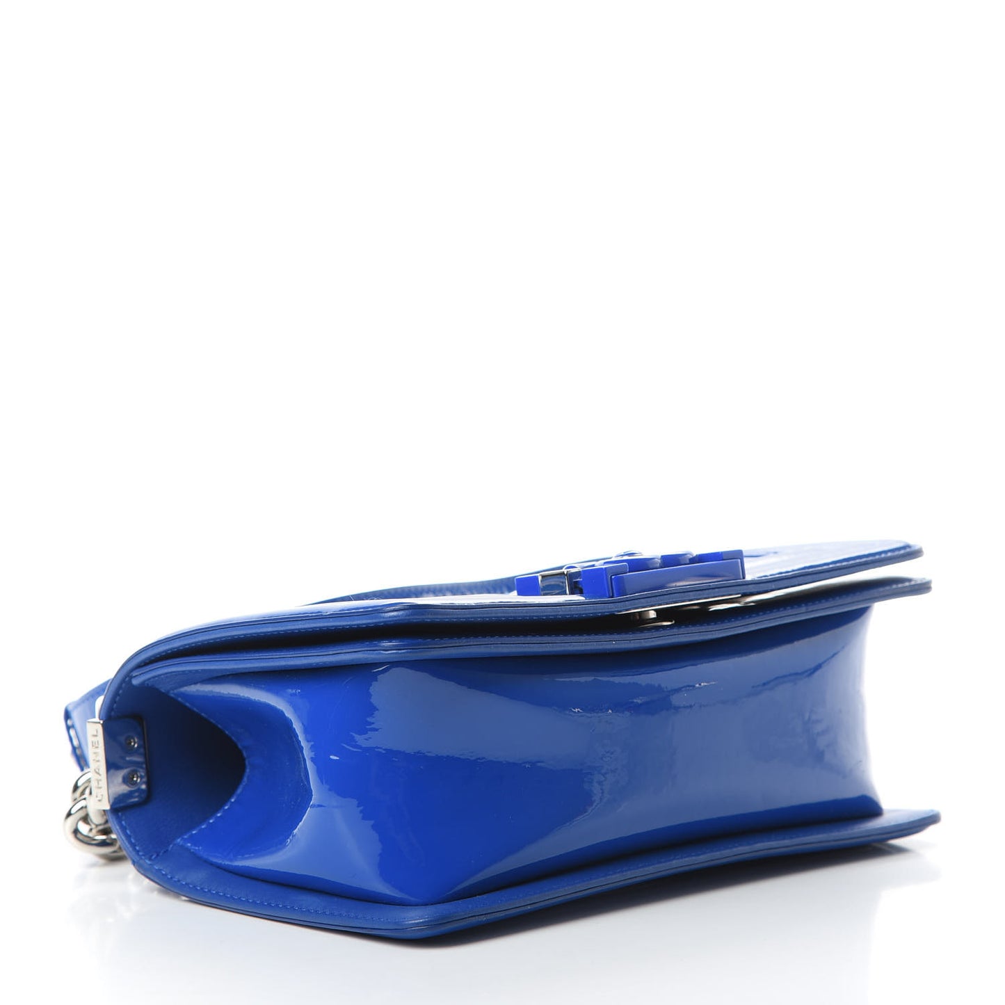 Patent Calfskin Quilted Small Plexiglass Boy Flap Blue