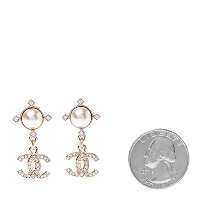 Chanel Pearl Crystal CC Drop Earrings Gold 2 of 4