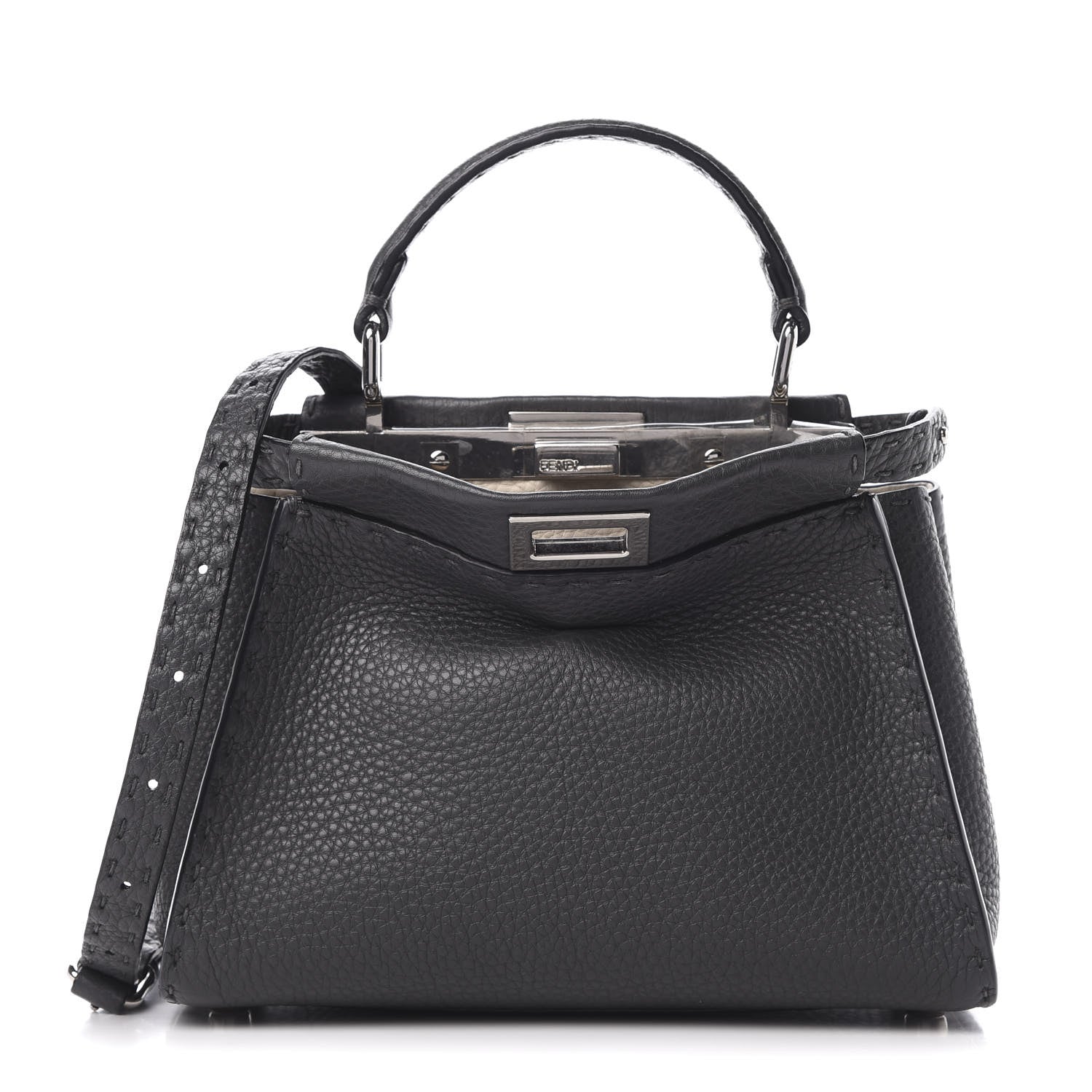 Fendi Cuoio Romano Selleria Bi-Color Mini Peekaboo Iconic Satchel Asfalto Latte 1 of 13