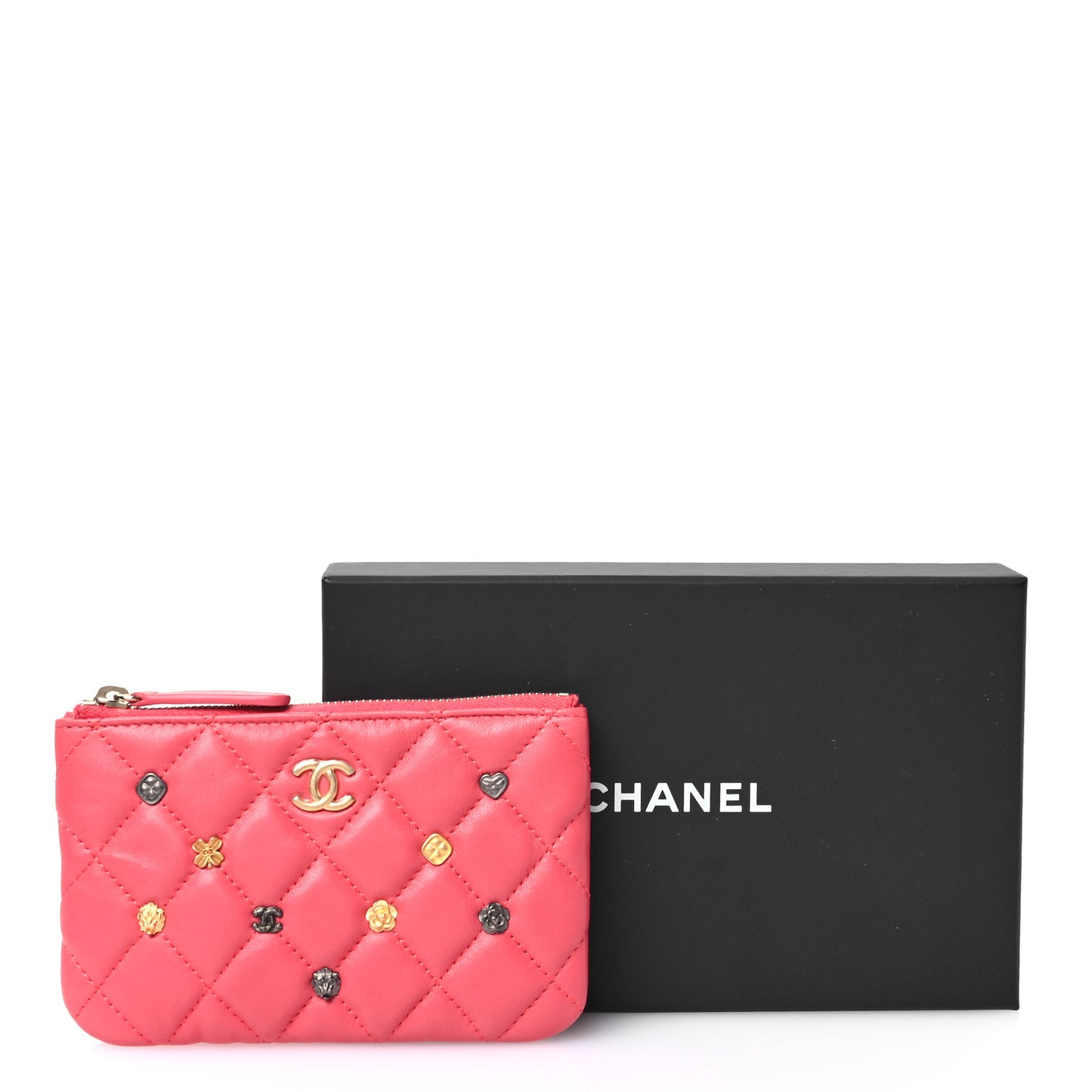 Lambskin Quilted Small Lucky Charms Cosmetic Case Pink