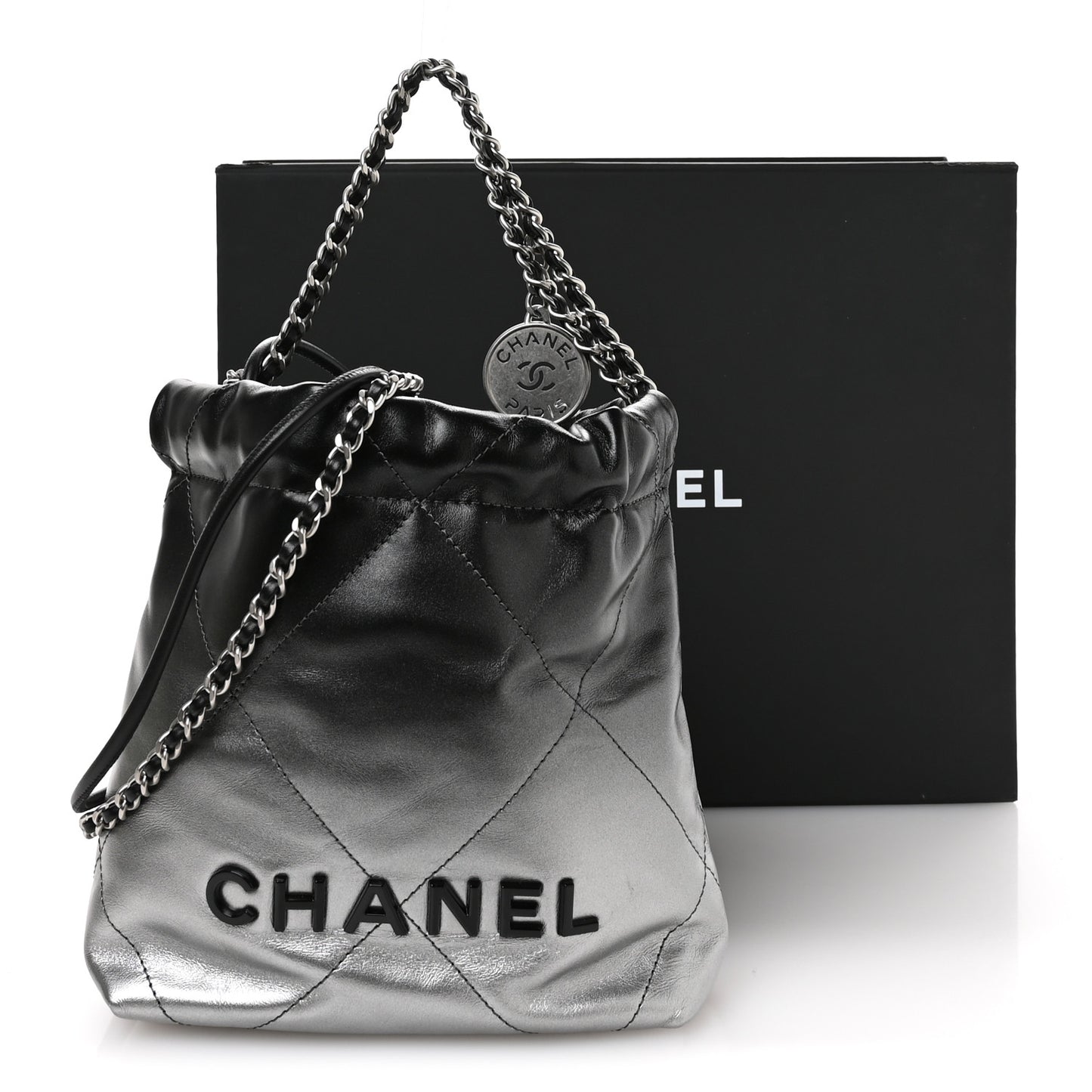Metallic Shaded Calfskin Quilted Mini Chanel 22 Black Silver