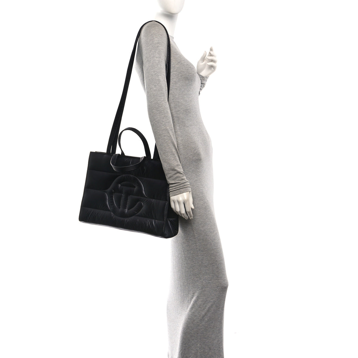 Nylon Medium Puff Shopping Bag Black