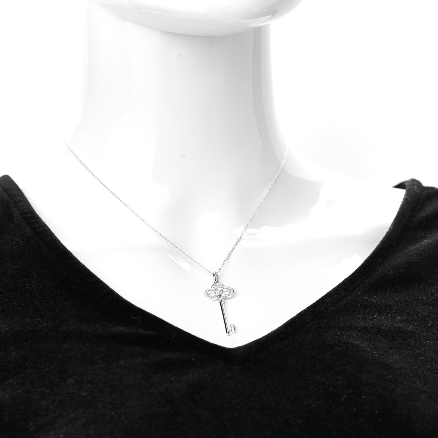 18K White Gold Diamond Crown Key Pendant Necklace