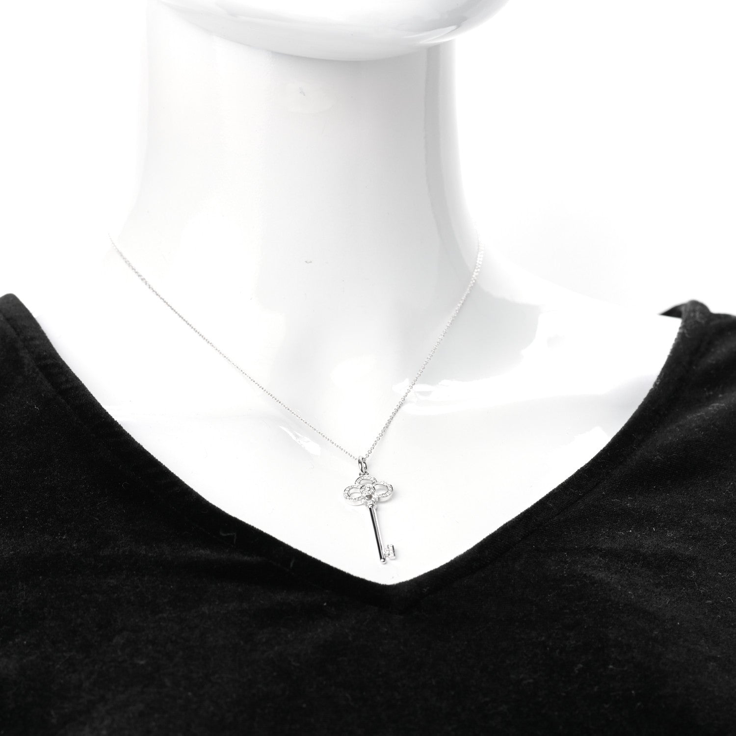 Tiffany 18K White Gold Diamond Crown Key Pendant Necklace 2 of 6