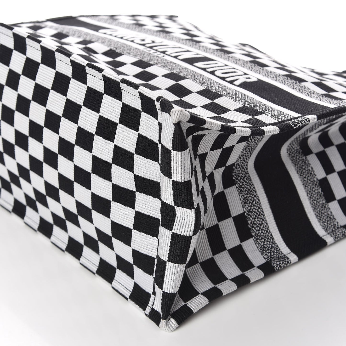 Canvas Embroidered Checkered Book Tote Black White