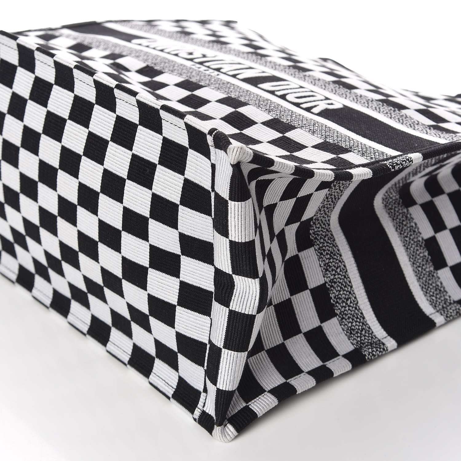 Christian Dior Canvas Embroidered Checkered Book Tote Black White 9 of 13