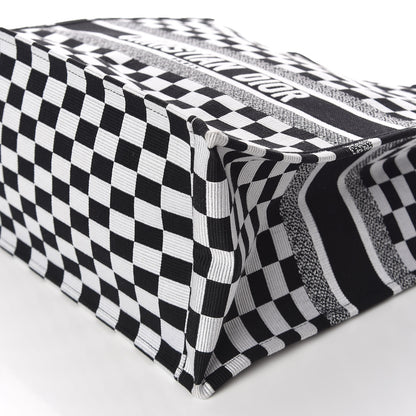 Christian Dior Canvas Embroidered Checkered Book Tote Black White 9 of 13