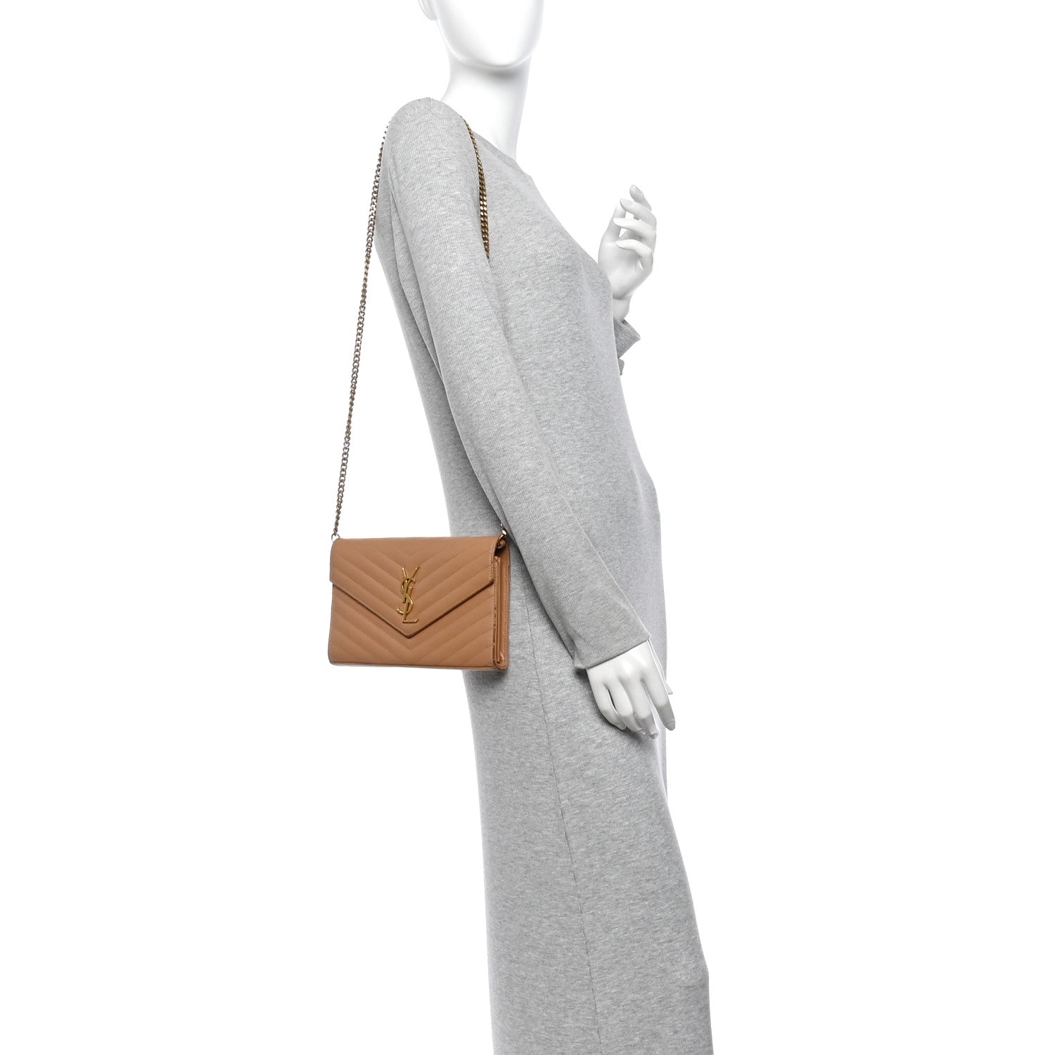 Saint Laurent Grain De Poudre Matelasse Chevron Monogram Chain Wallet Natural Dark 2 of 12