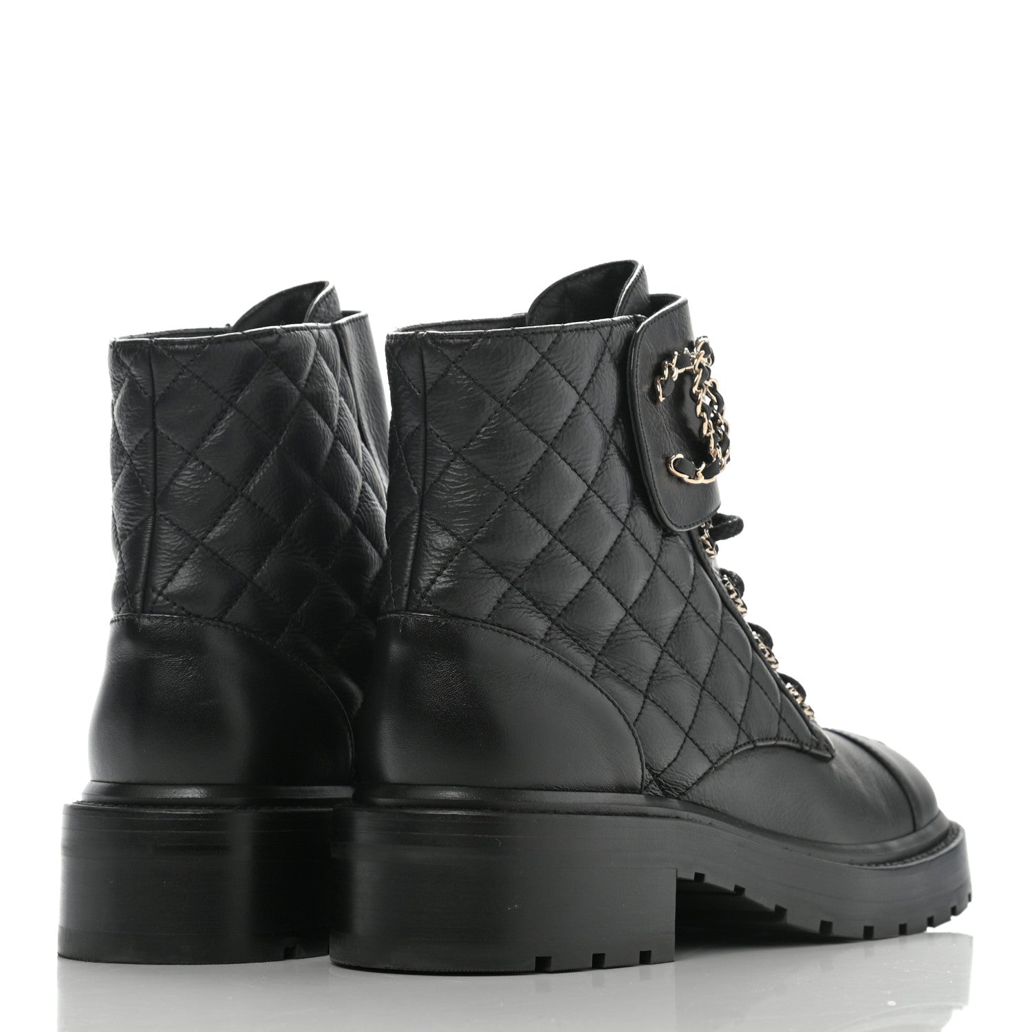 Chanel Shiny Goatskin Calfskin Quilted Lace Up Combat Boots 37 Black 4 of 12