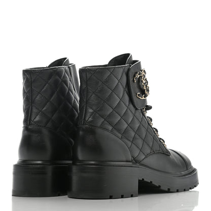 Chanel Shiny Goatskin Calfskin Quilted Lace Up Combat Boots 37 Black 4 of 12