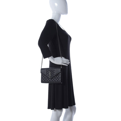Saint Laurent Sheepskin Tri-Quilt Monogram Envelope Chain Wallet Black 2 of 13