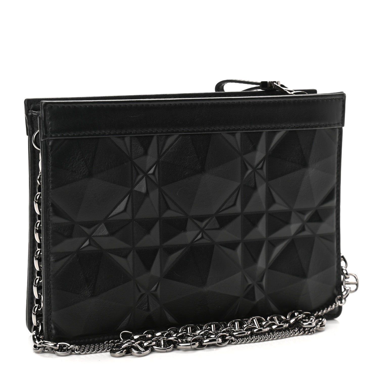 Christian Dior Calfskin Macrocannage Diamond Caro Zipped Pouch With Chain Black 3 of 13