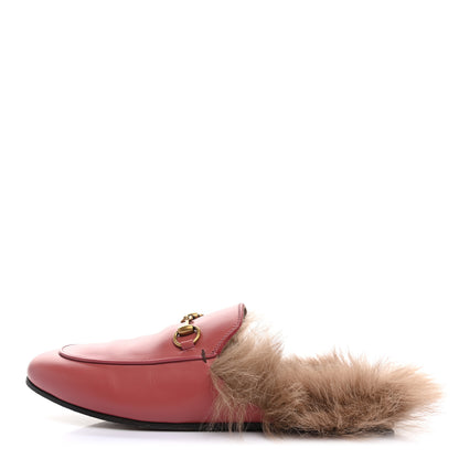 Gucci Calfskin Fur Womens Princetown Slippers 37.5 Lipstick Rose Natural 1 of 8