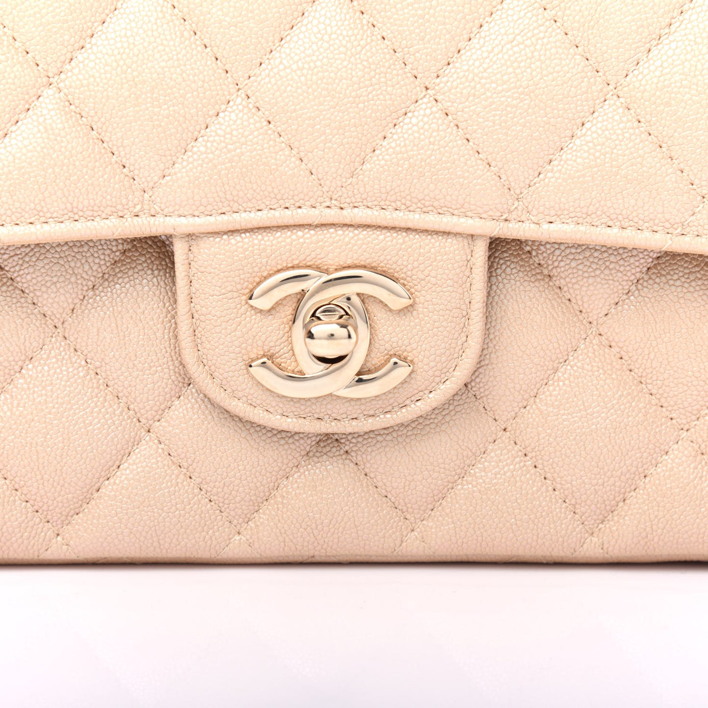 Iridescent Caviar Quilted Medium Double Flap Beige