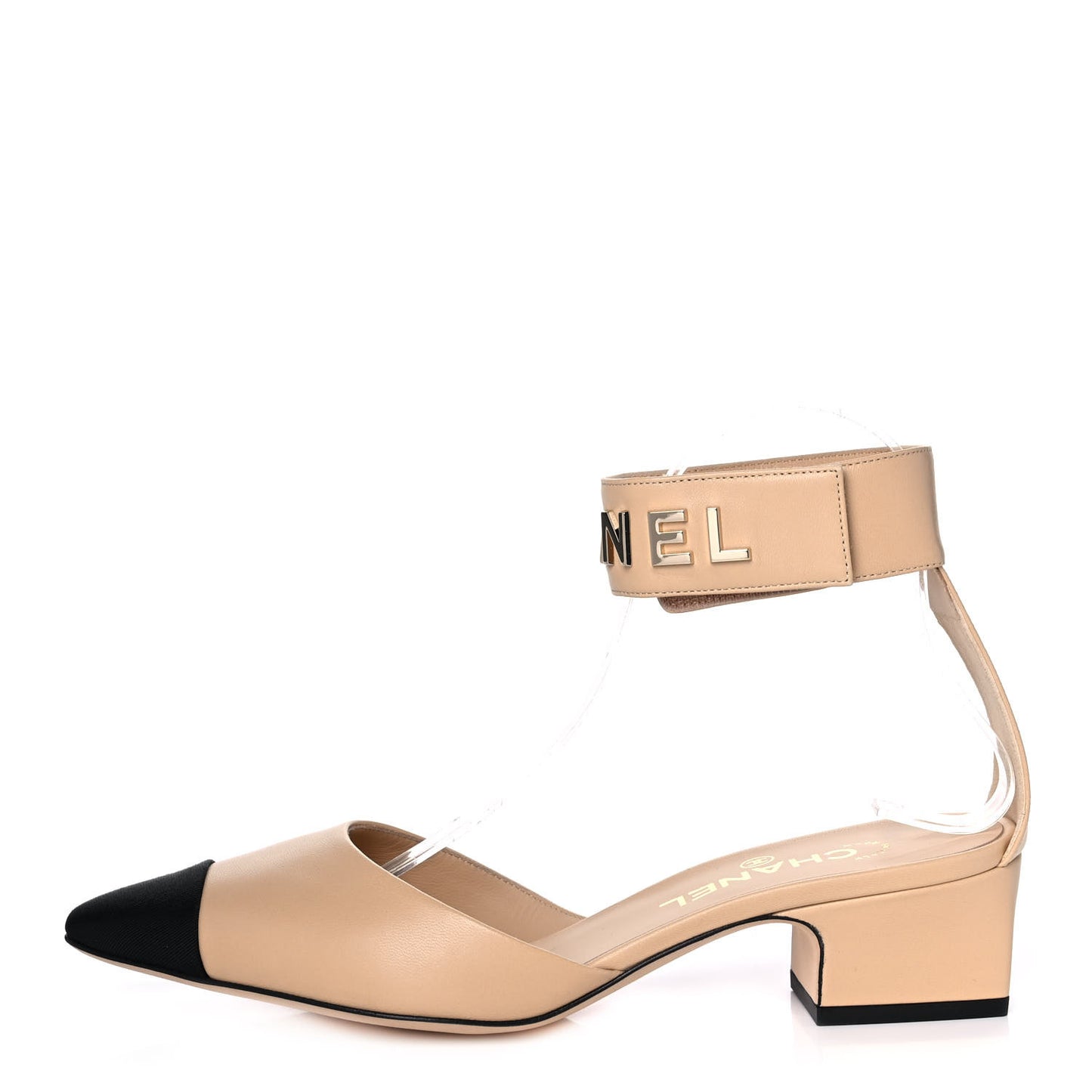 Lambskin Grosgrain Cap Toe Logo Ankle Strap Pumps 39 Beige Black