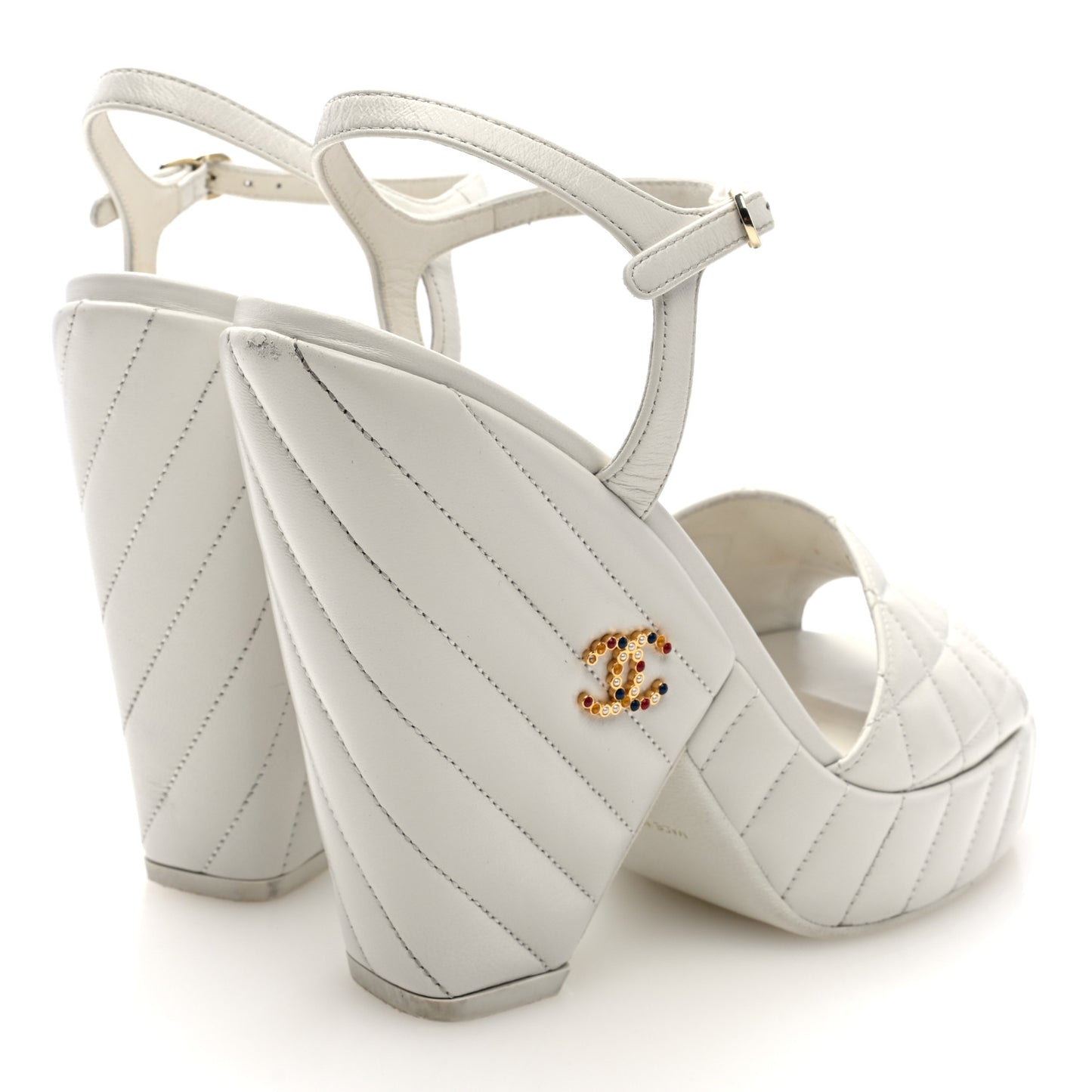 Shiny Lambskin Quilted Platform Sandals 39.5 White