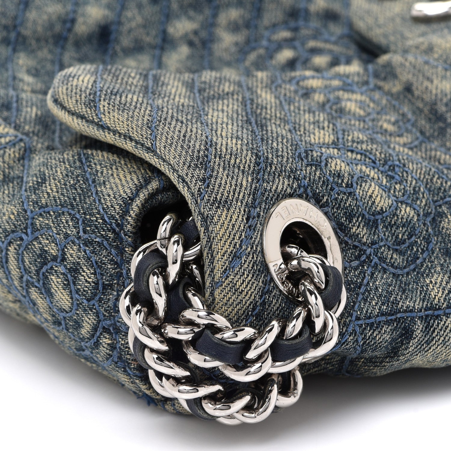 Chanel Denim Quilted Camellia Embroidered Medium Flap Blue 11 of 14