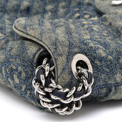 Chanel Denim Quilted Camellia Embroidered Medium Flap Blue 11 of 14