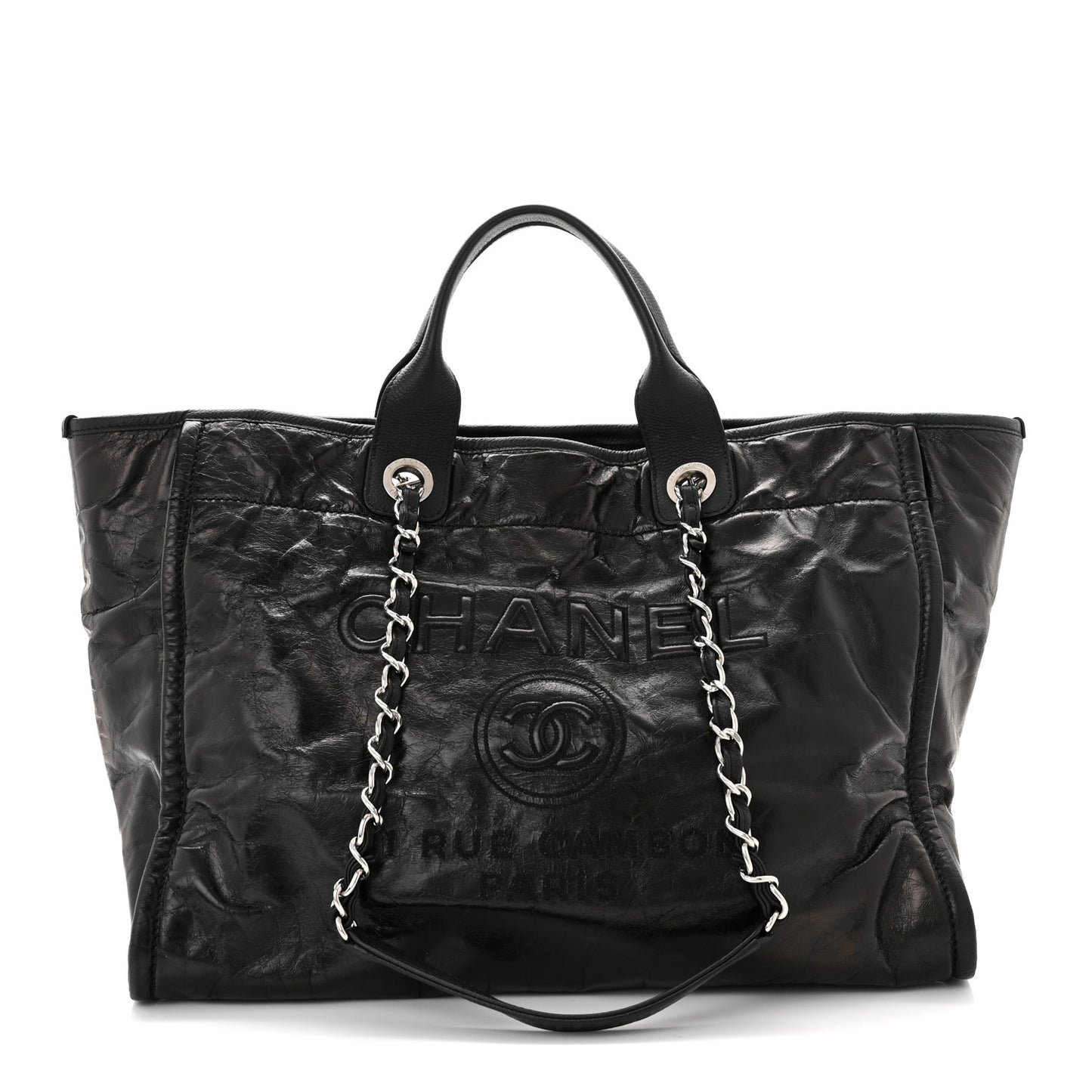Glazed Calfskin Medium Deauville Tote Black