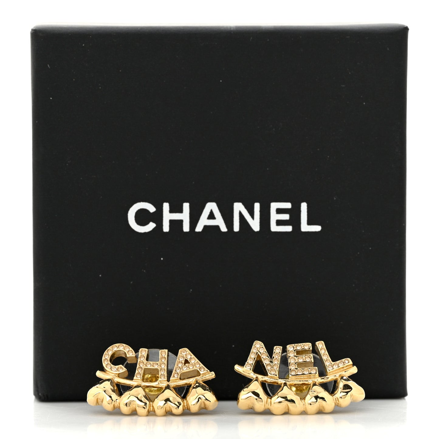 Crystal Heart Cha-Nel Logo Earrings Gold