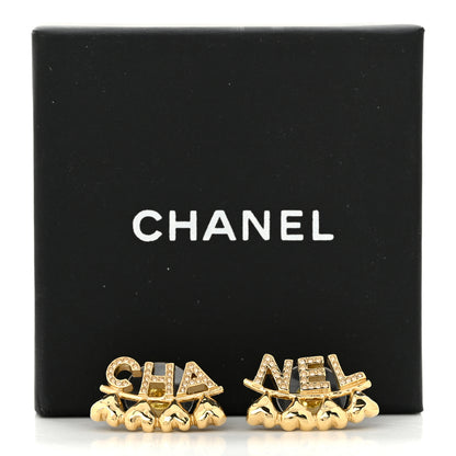 Chanel Crystal Heart Cha-Nel Logo Earrings Gold 5 of 5
