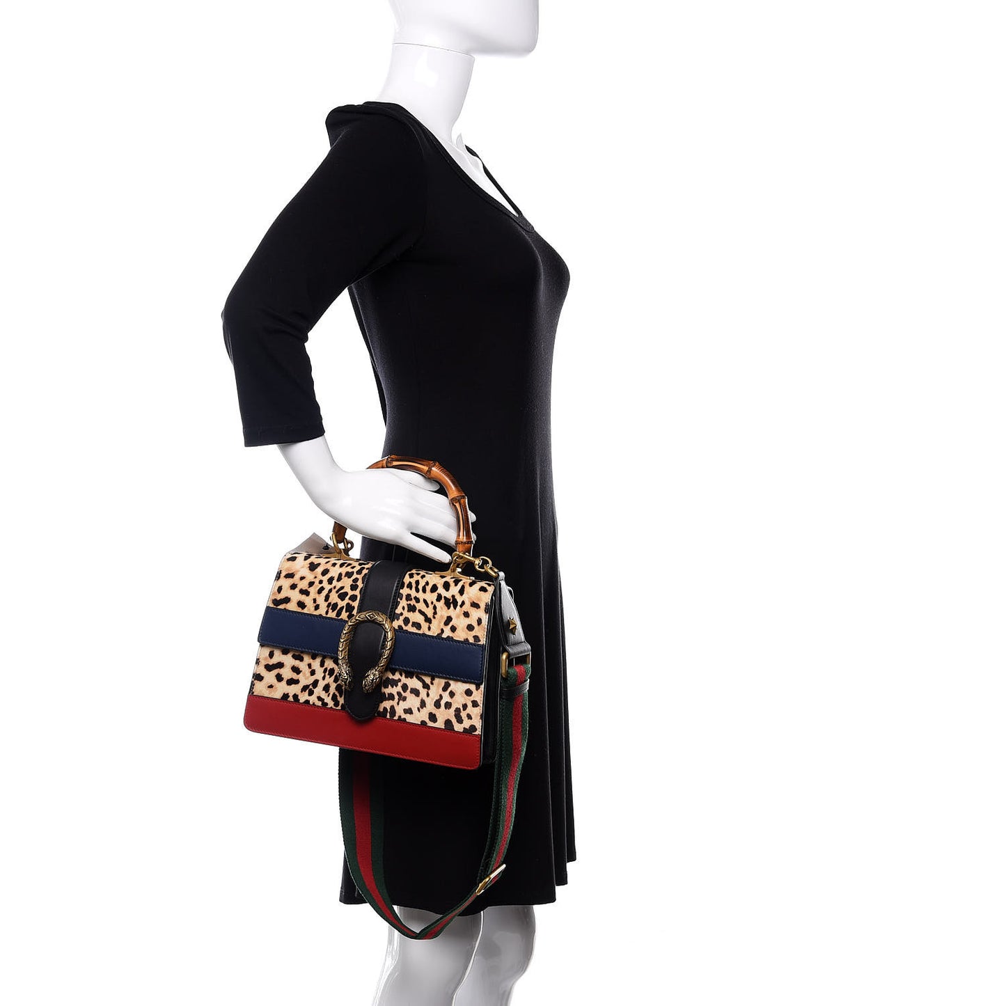 Calf Hair Calfskin Bamboo Web Leopard Print Medium Dionysus Top Handle Bag Natural Blue Agata Hibiscus Red