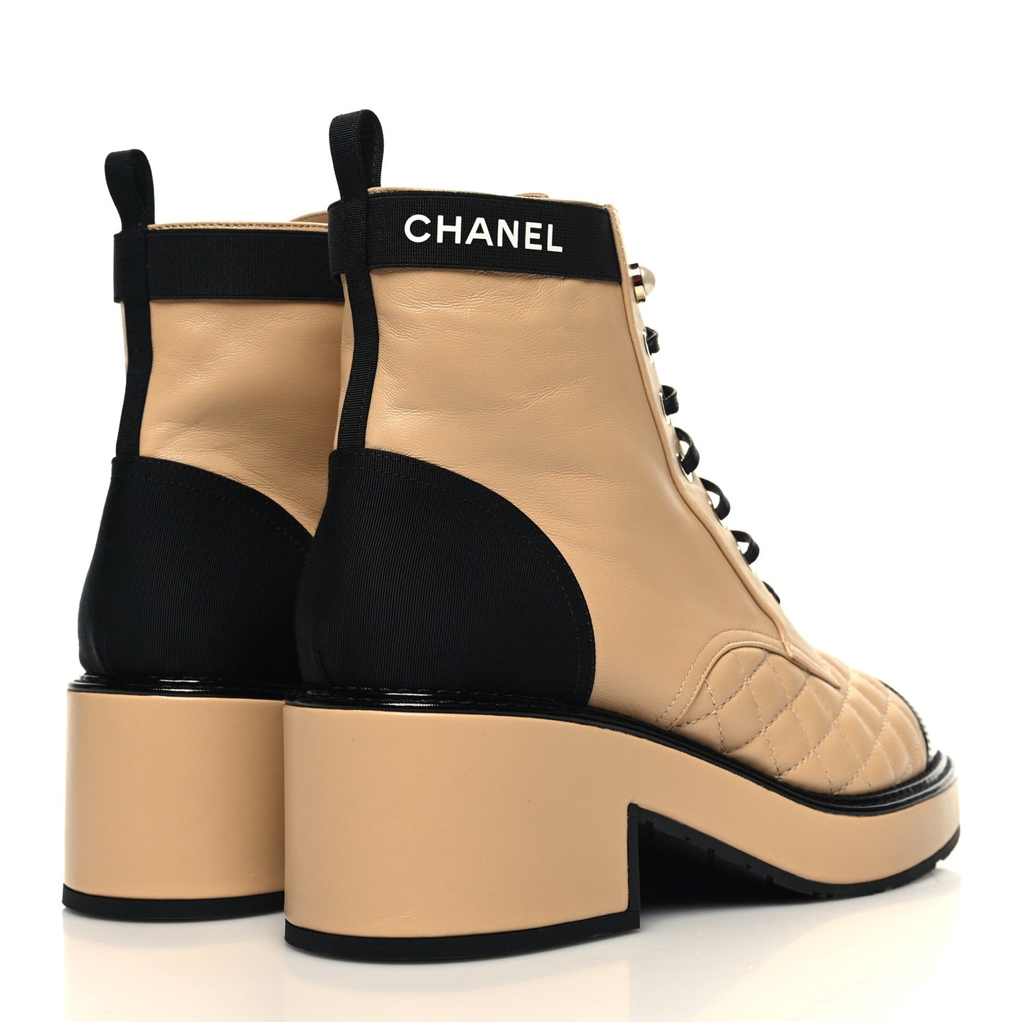 Lambskin Patent Calfskin Quilted Lace Up Boots 38.5 Beige Black