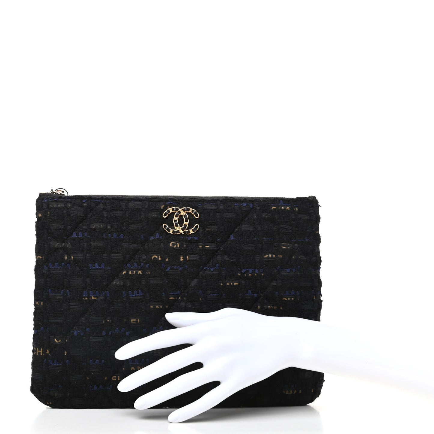 Tweed Quilted Large Chanel 19 Pouch Black Navy Gold