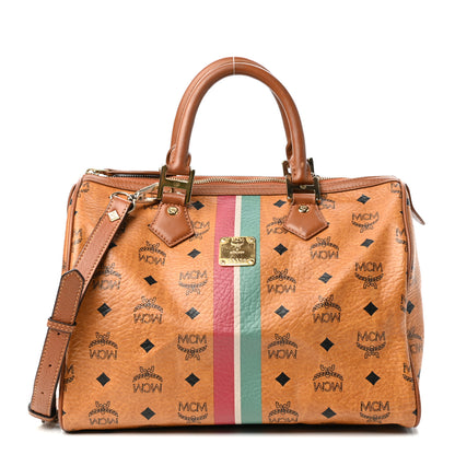 MCM Visetos Striped Boston Satchel Cognac 1 of 8