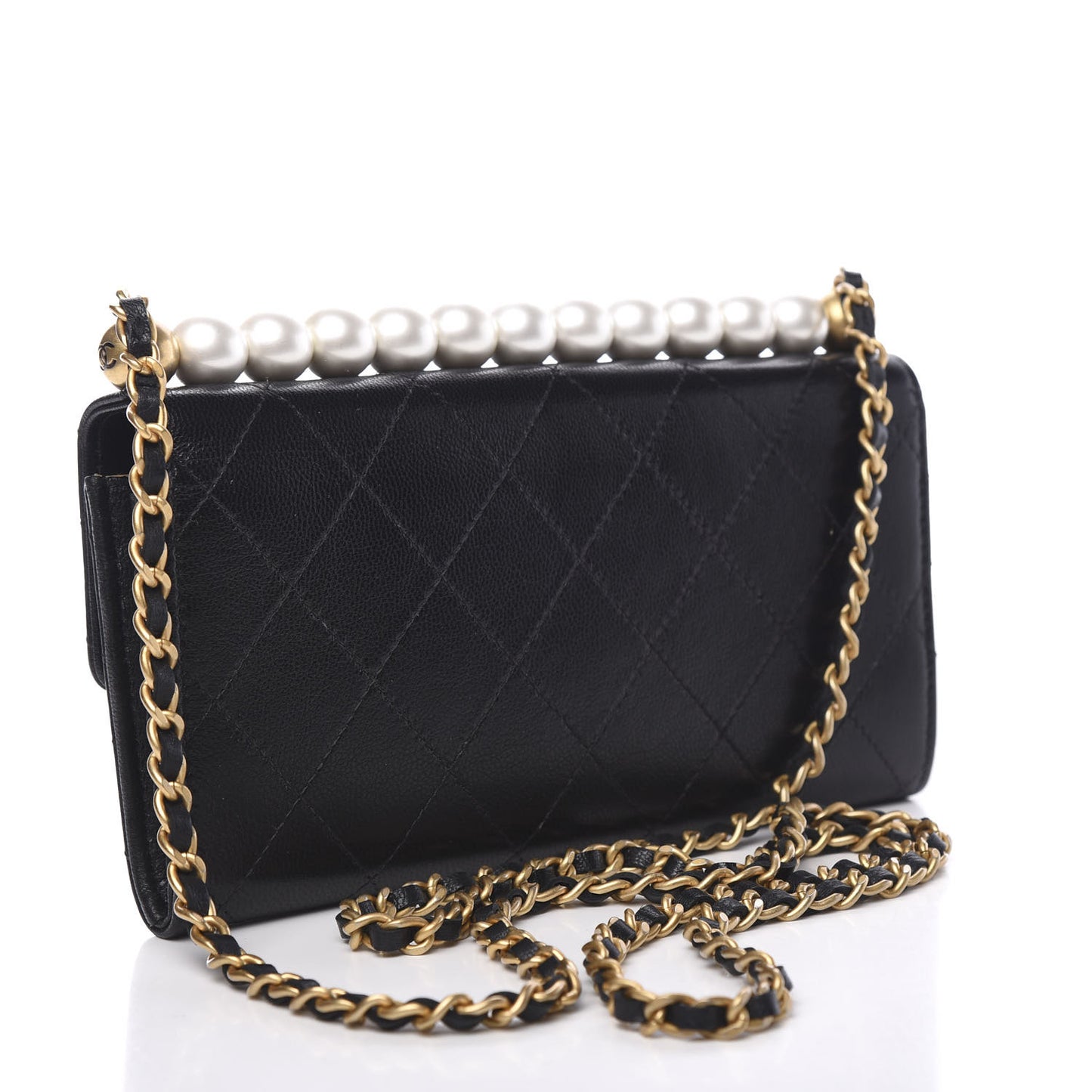 Goatskin Quilted Chic Pearls Clutch With Chain Black