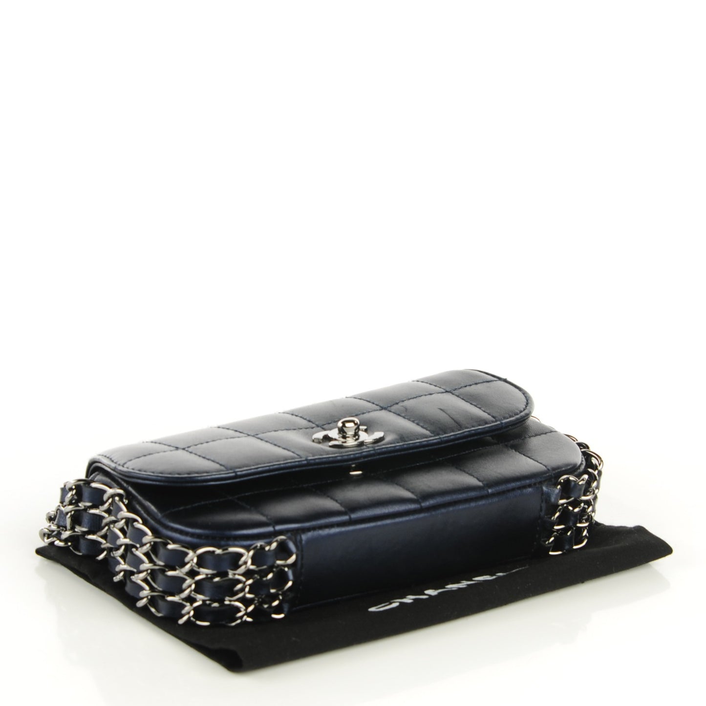 Metallic Lambskin Quilted Chocolate Bar 3 Chain Flap Navy
