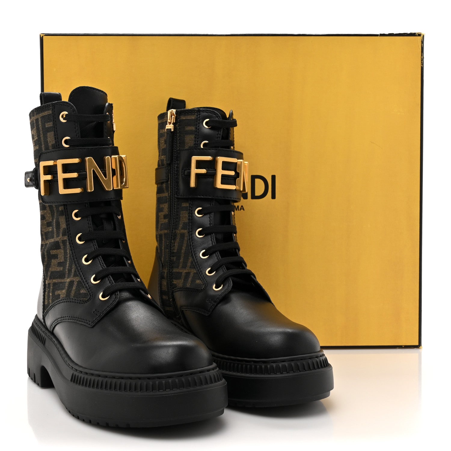 Fendi Vitello Fabric Jacquard FF Fendigraphy 50mm Biker Boots 38 Black Tobacco 10 of 10