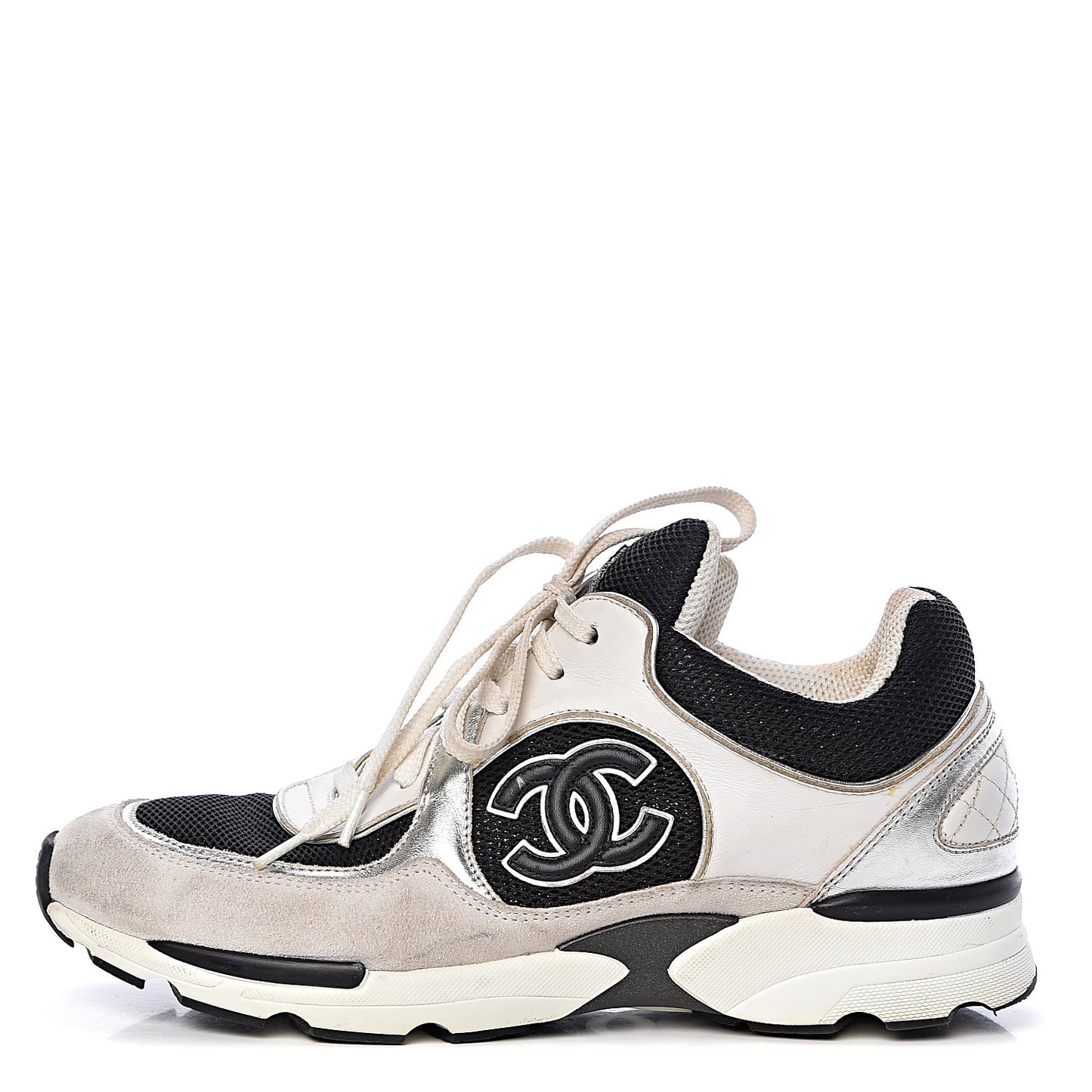 Suede Calfskin Womens CC Sneakers 37 Black White Silver