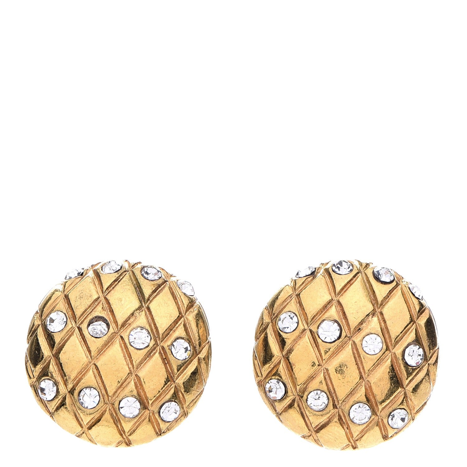 Chanel Crystal Quilted Clip On Earrings Gold 1 of 5