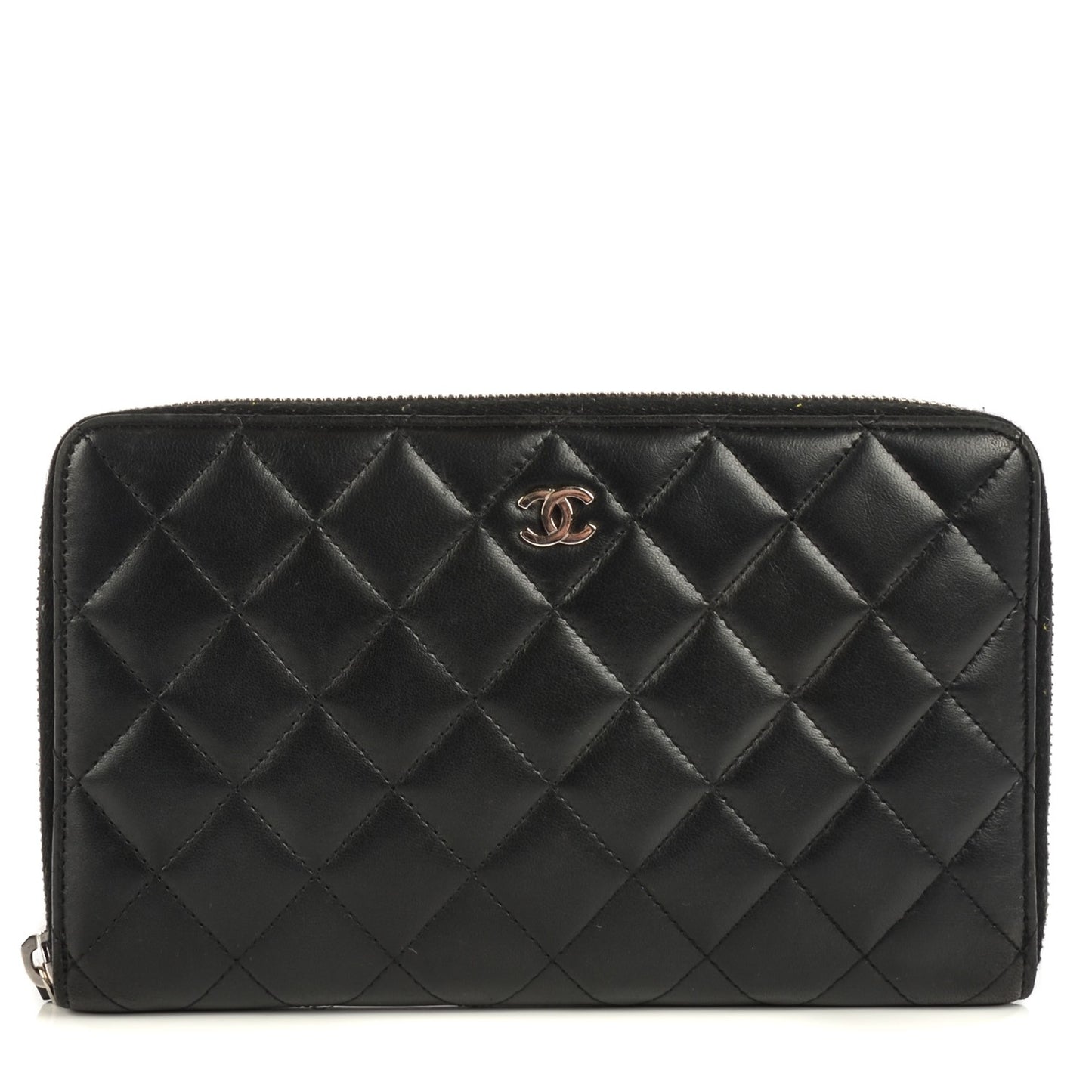 Lambskin Quilted Large Zip Around Organizer Wallet Black