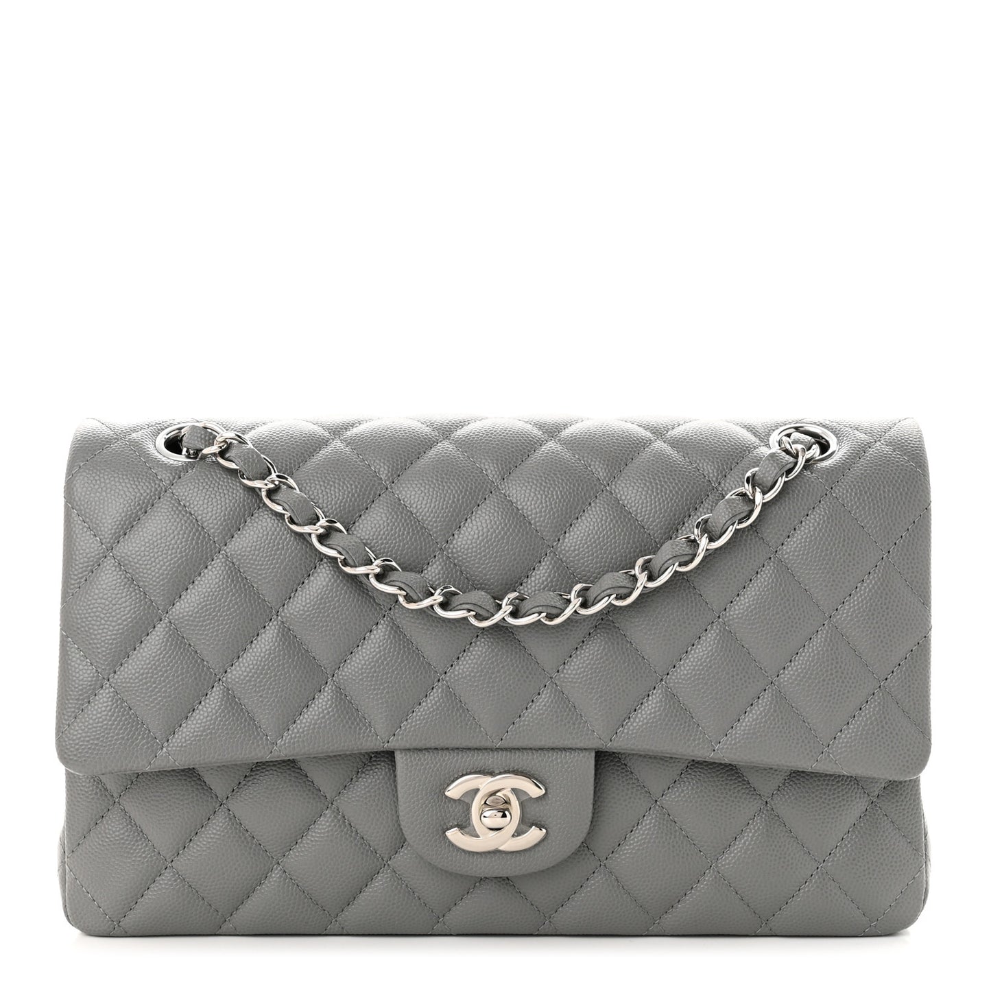 Caviar Quilted Medium Double Flap Grey