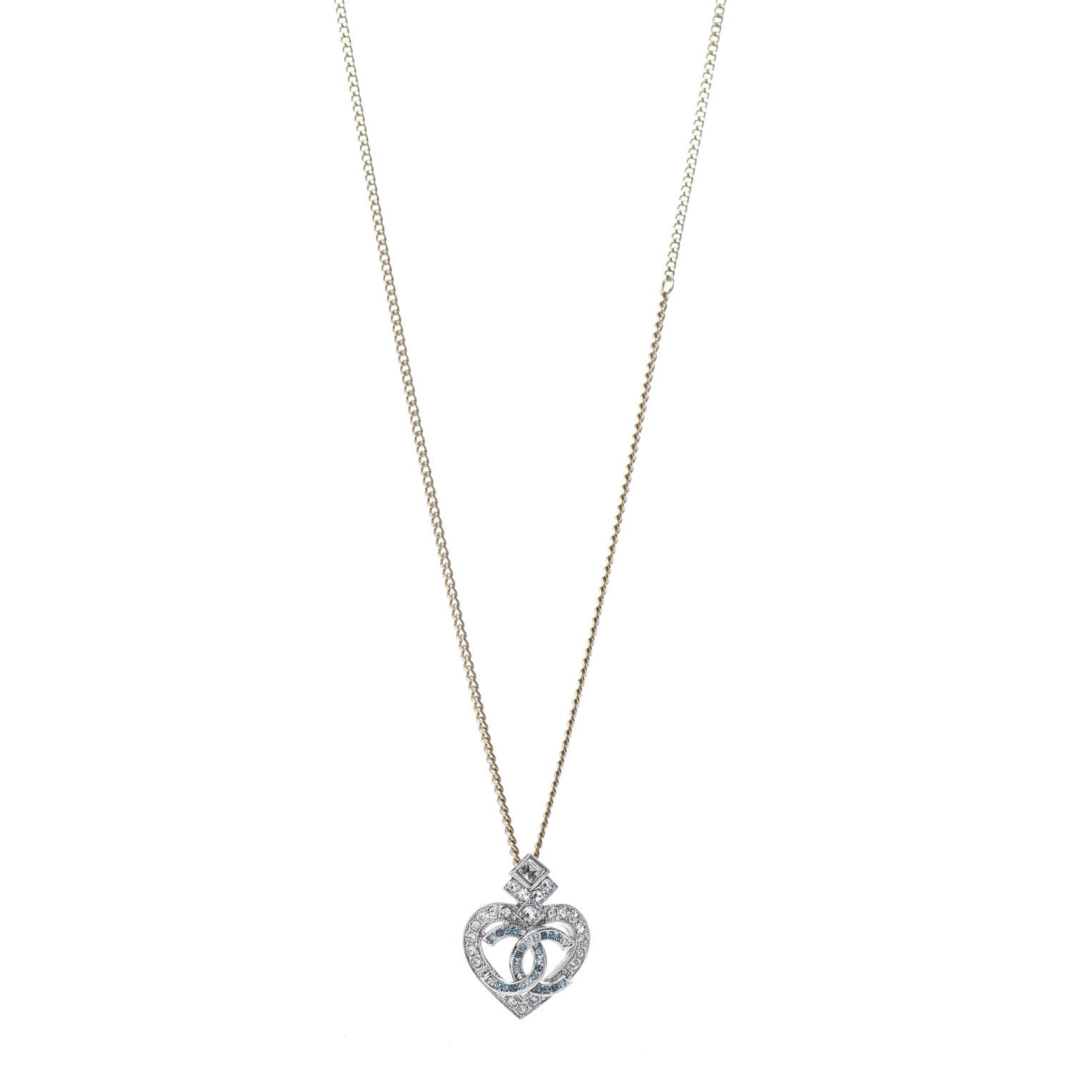 Chanel Crystal Heart CC Pendant Necklace Gold Silver Blue 4 of 5