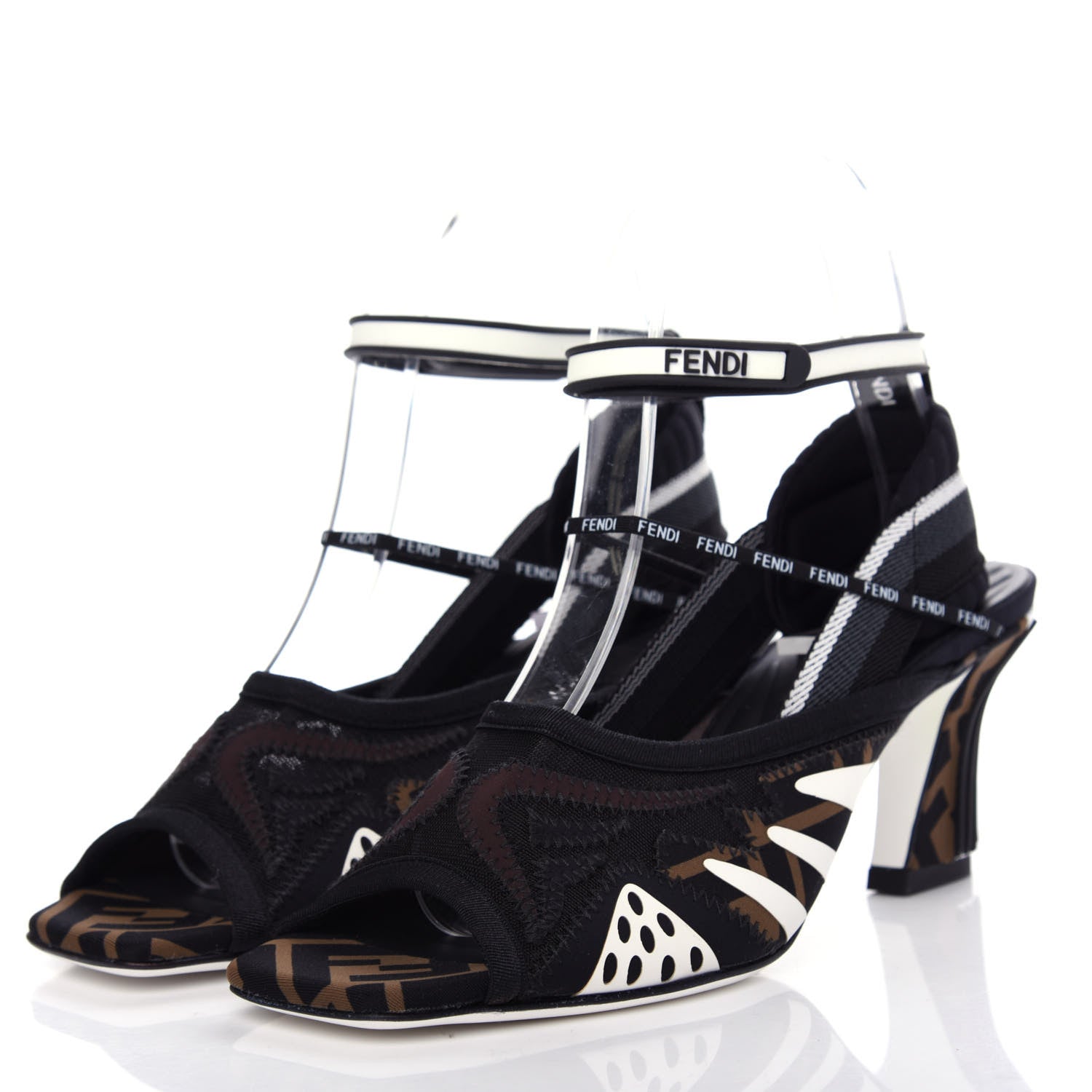 Fendi Technical Mesh FF FFreedom Patchwork Low Heel Peep Toe Sandals 38 Tobacco Black Asfalto 3 of 10