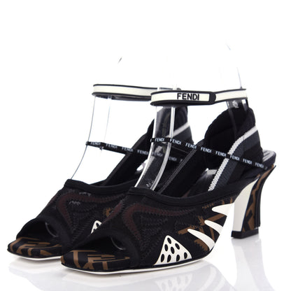 Fendi Technical Mesh FF FFreedom Patchwork Low Heel Peep Toe Sandals 38 Tobacco Black Asfalto 3 of 10