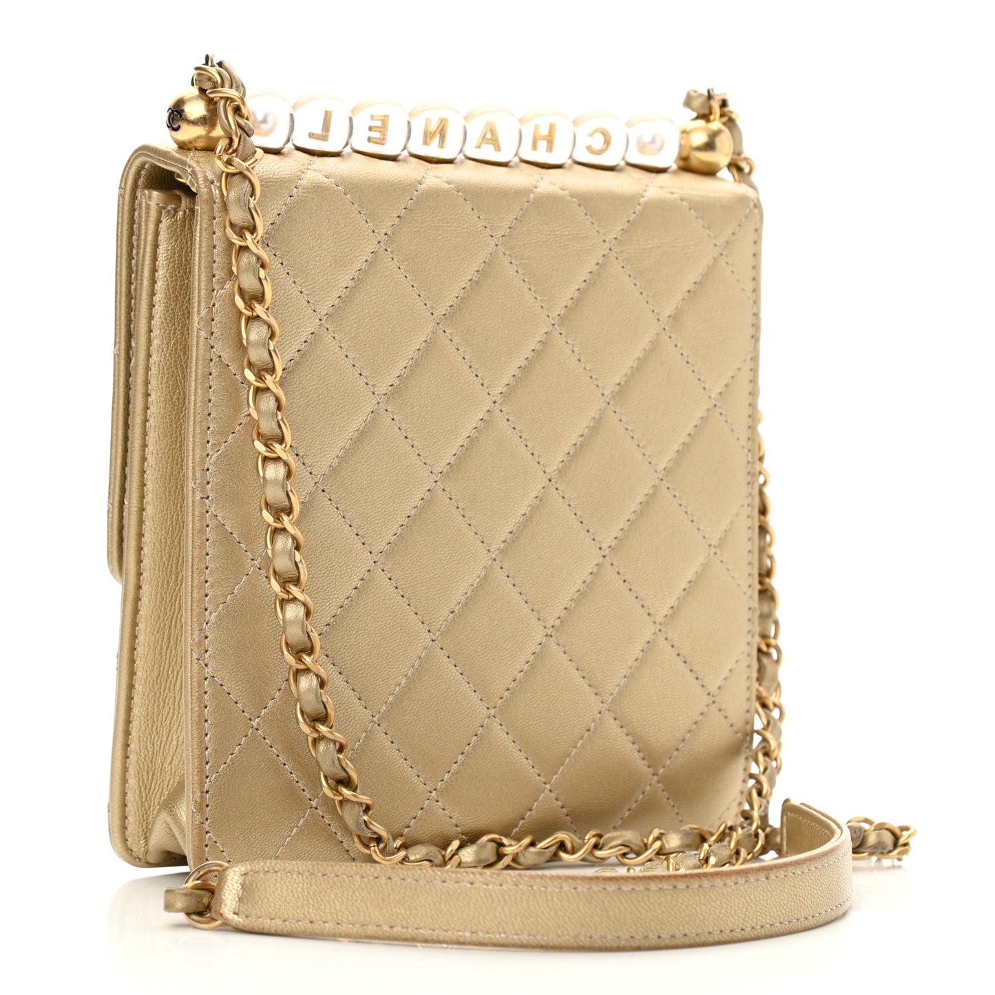 Metallic Goatskin Quilted Chic Pearls Flap Gold