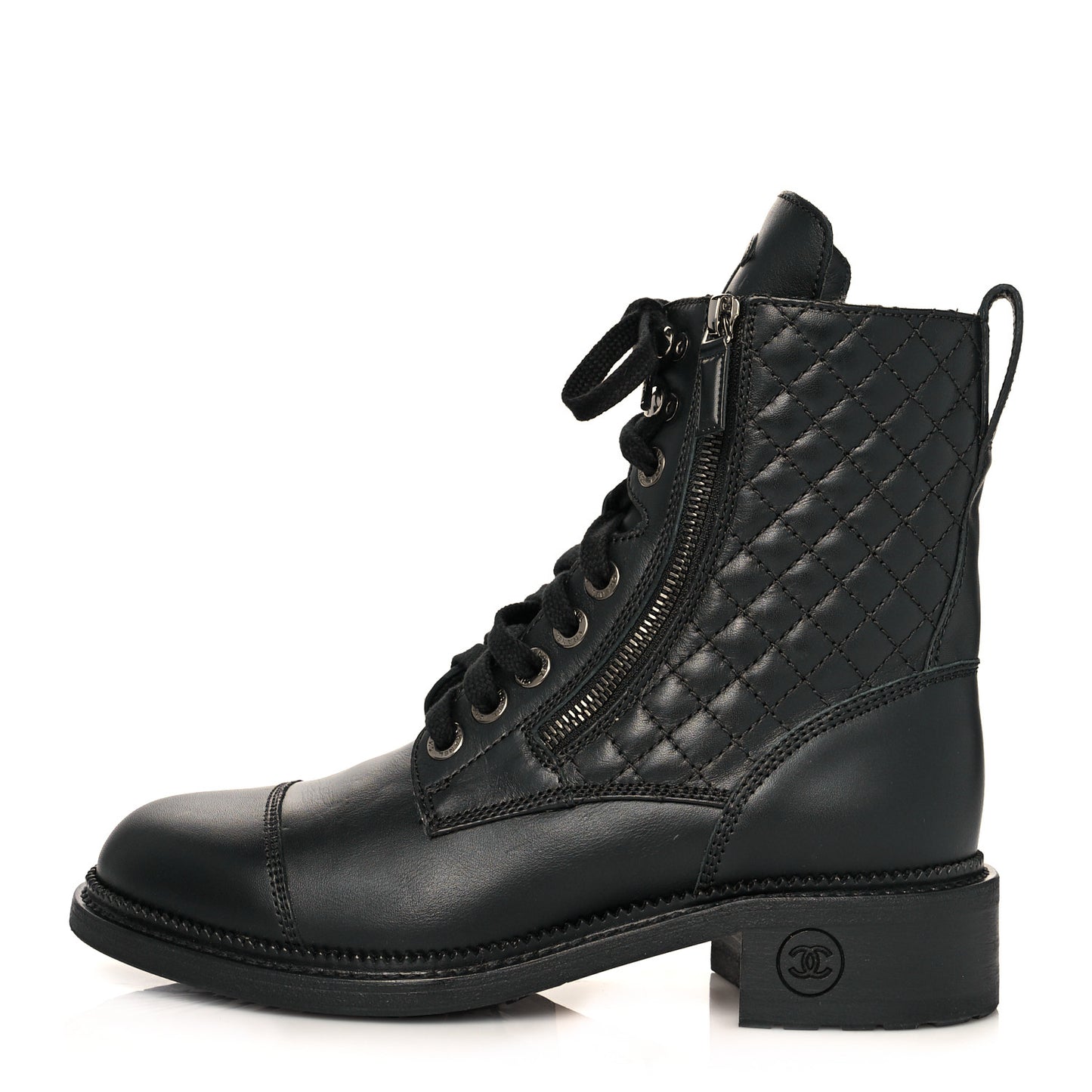 Calfskin Quilted Lace Up Combat Boots 38.5 Black