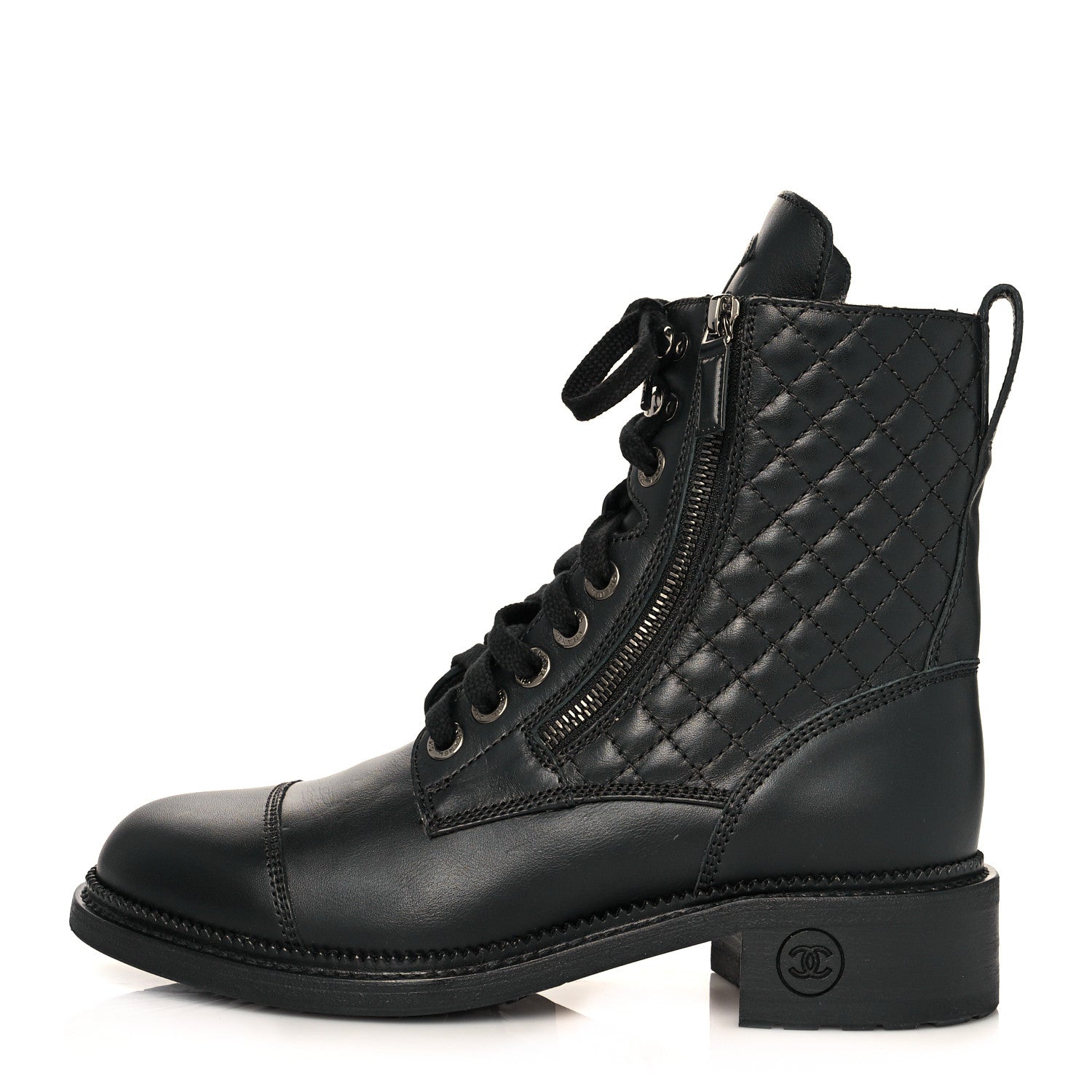 Chanel Calfskin Quilted Lace Up Combat Boots 38.5 Black 1 of 9