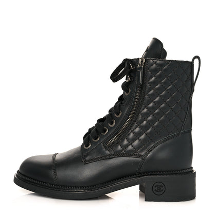 Chanel Calfskin Quilted Lace Up Combat Boots 38.5 Black 1 of 9