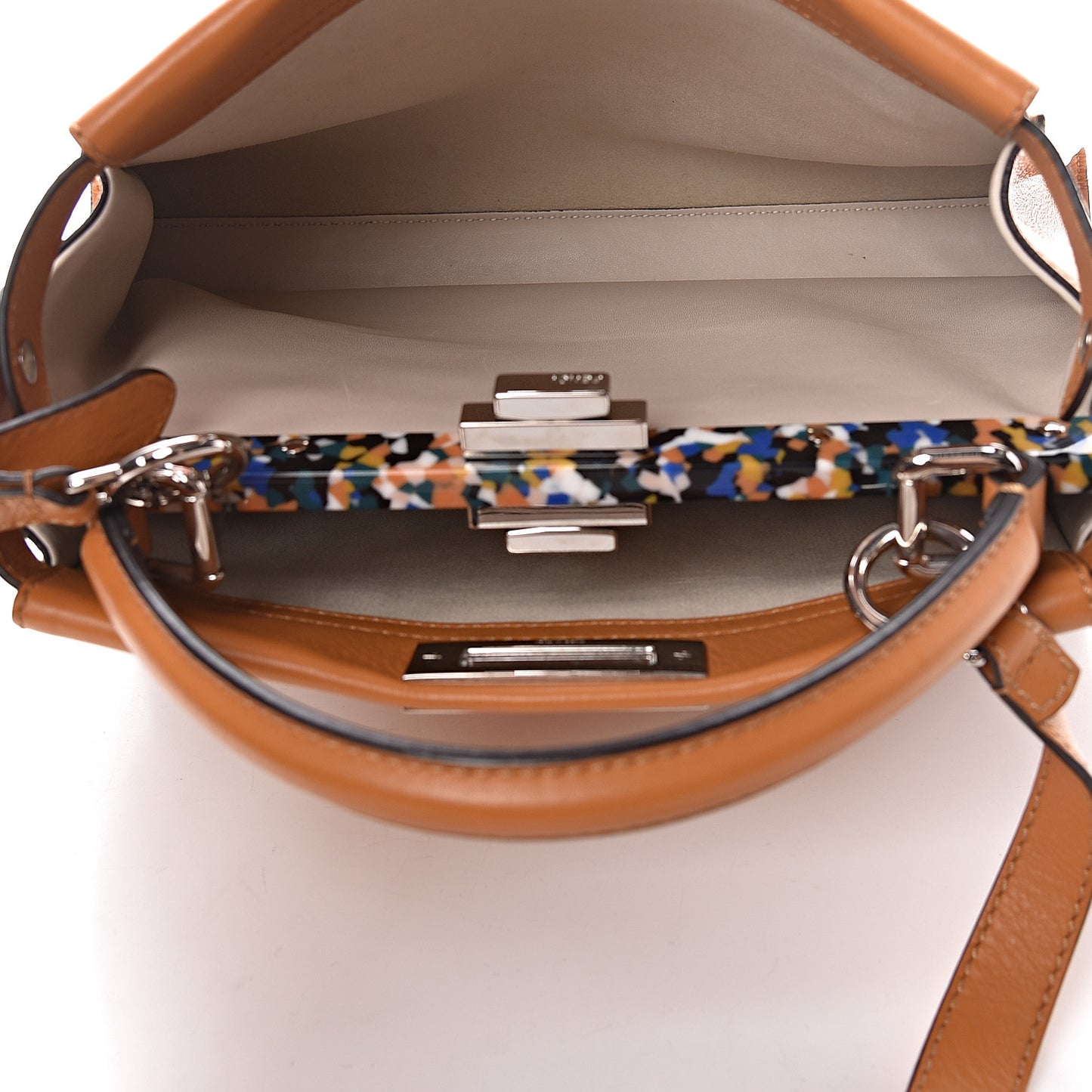 Vitello Seta Shiny Nappa Plexiglass Granite Medium Peekaboo Iconic Satchel Ginger Latte