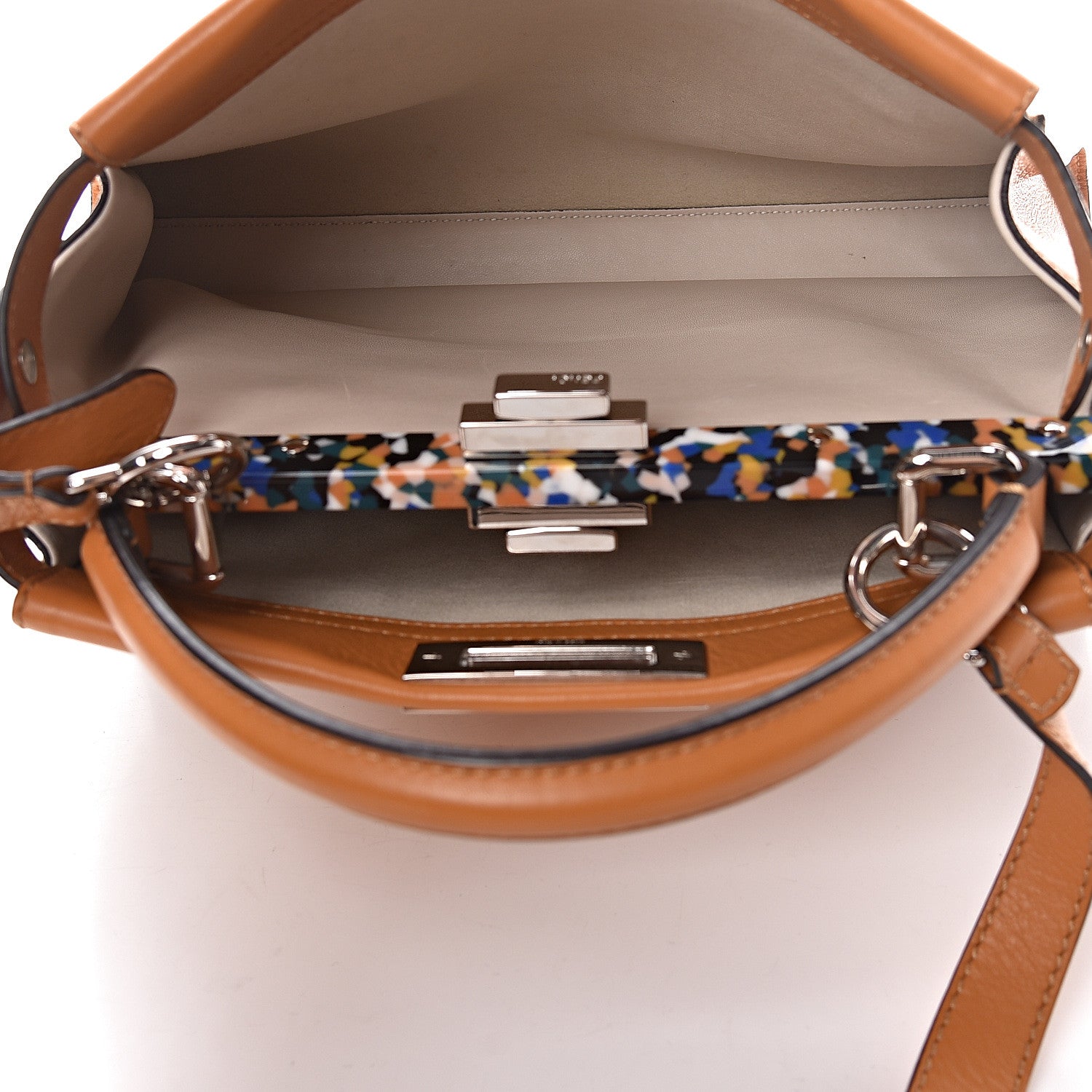 Fendi Vitello Seta Shiny Nappa Plexiglass Granite Medium Peekaboo Iconic Satchel Ginger Latte 7 of 14