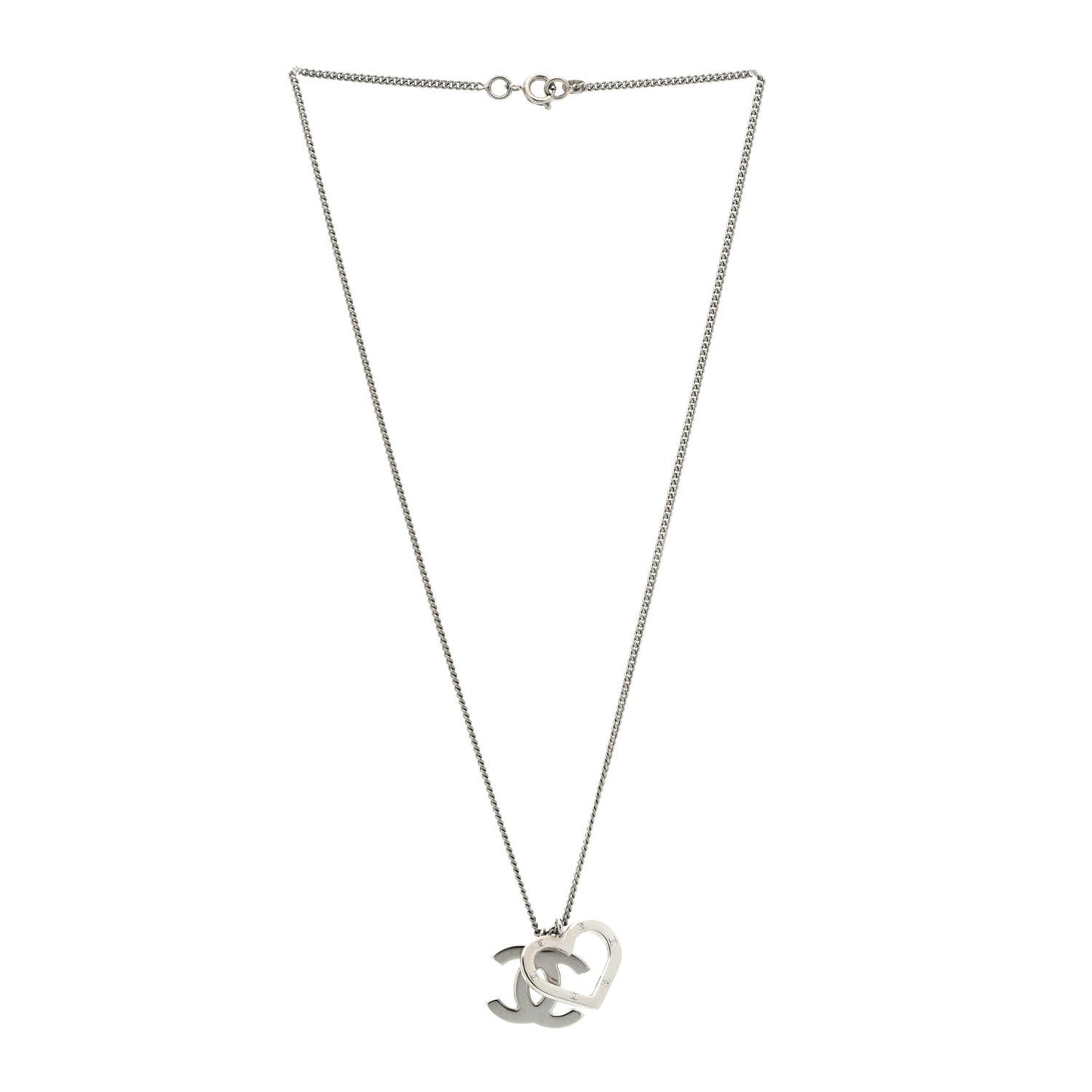Metal CC Heart Pendant Necklace Silver