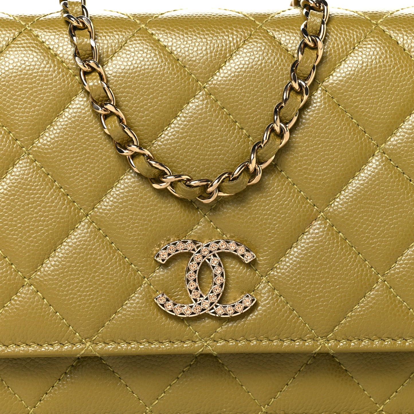 Caviar Quilted Crystal CC Wallet On Chain WOC Green